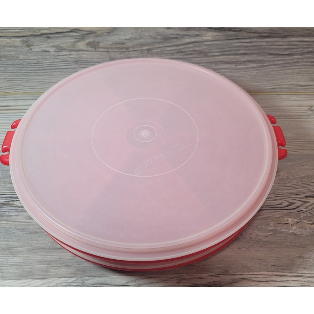 Two Tupperware Red Divided Serving trays lot of two w/ lids 12in 6 compartments